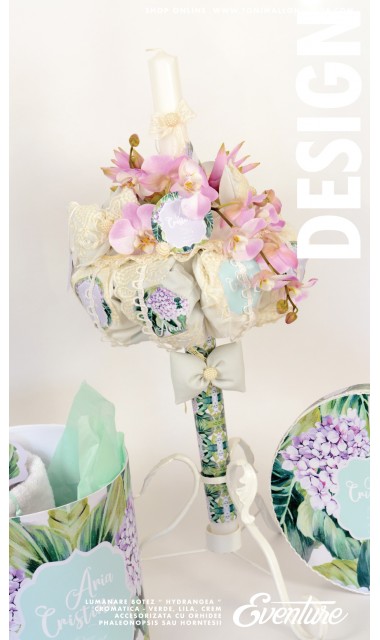 Lumanare de botez pentru fetite cu hortensia mov, 65x4 cm, Hortensia 4